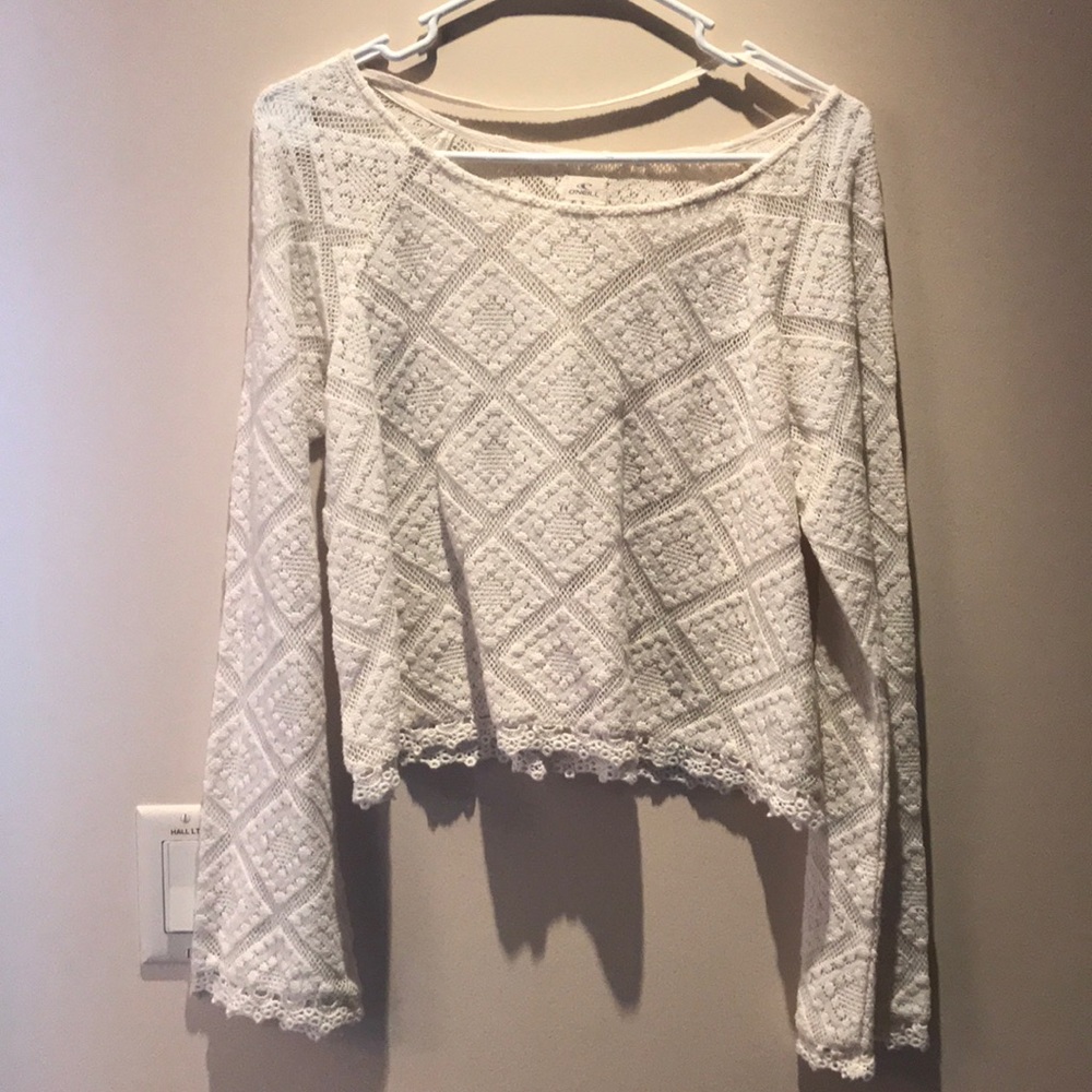 Oneill bell sleeve eyelet crop sweater top